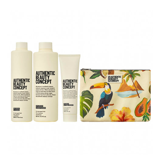 Die Replenish Cleanser, Conditioner und Split End Remedy Pflegeprodukte von Authentic Beauty Concept stehen nebeneinander und präsentieren das luxuriöse, silikonfreie Haarpflege-Set für strapaziertes Haar mit Sheabutter und Reiswasser. Die stilvolle WOUF Summer Beauty Bag mit floralem Print in Orange- und Grüntönen ist geschlossen dargestellt und bietet eine hochwertige, praktische Aufbewahrung für Haarpflegeprodukte.